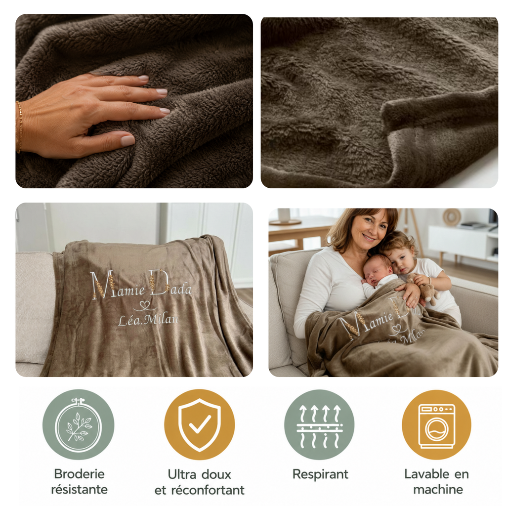 Plaid Personnalisé Brodé Mamie et Surnom & Prénom Petit-enfant