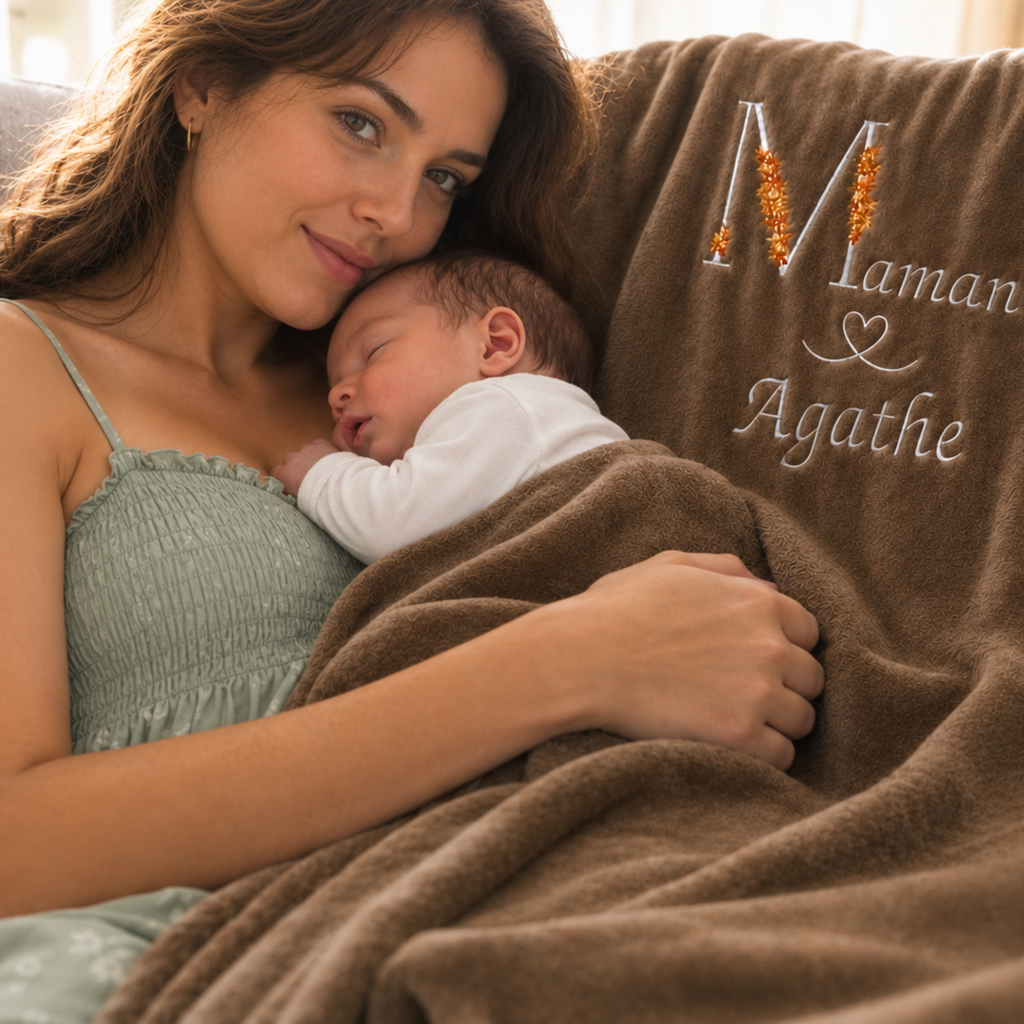 Plaid Personnalisé Brodé Maman et Prénom bébé