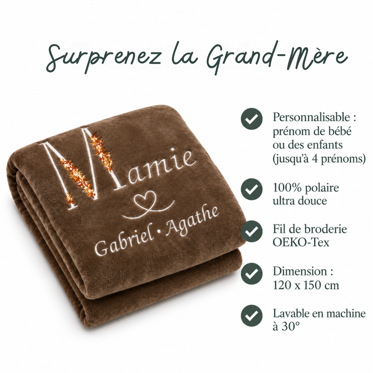 Plaid Personnalisé Brodé Mamie et Prénom Petit-Enfant