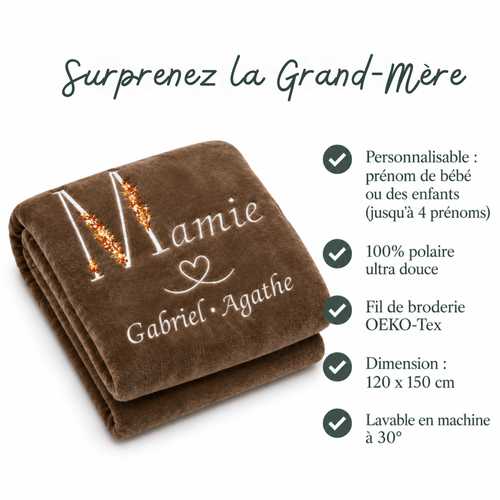 Plaid Personnalisé Brodé Mamie et Prénom Petit-Enfant